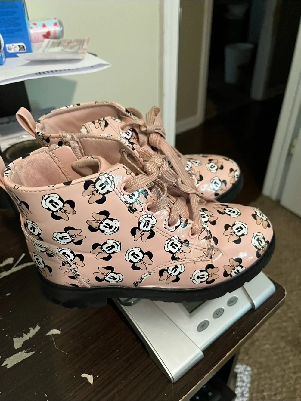Girls' Pink Minnie Mouse Print Lace-Up Boots